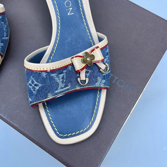 Louis Vuitton Blue Monogram Denim Kitten Heels Mules Slides Size EU 36 - Picture 2 of 11